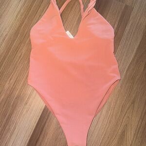 Skatie Pink One Piece Plunging V-neck Zoey rosette classic ribbed